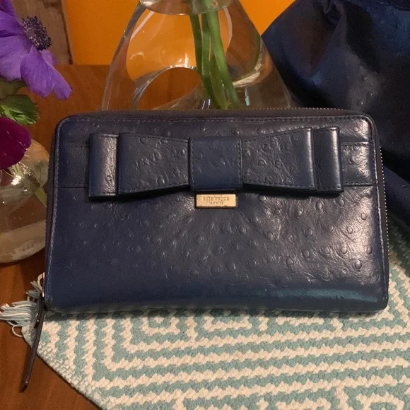 Kate Spade Bow Handbag + Large Ziparound Wallet Clutch Set Navy Ostrich - Picture 7 of 9